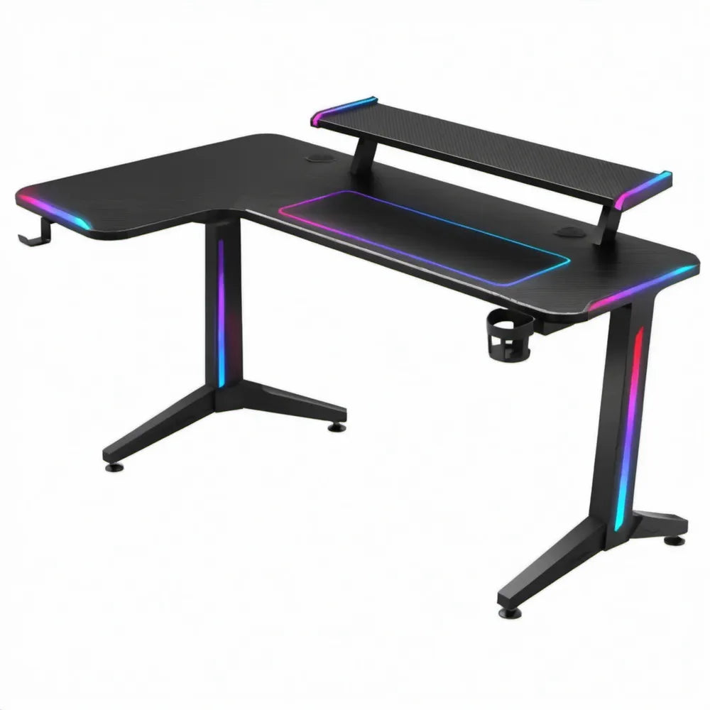 L-vormig gamingbureau met RGB-ledverlichting en monitorplatform, zwart, 160 x 60 x 75 cm