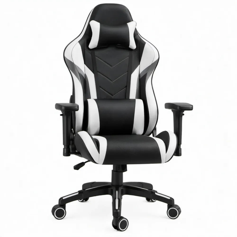 Gamingstoel met hoge rugleuning en kussens, 66 x 70 x 125-135 cm, Zwart/Wit