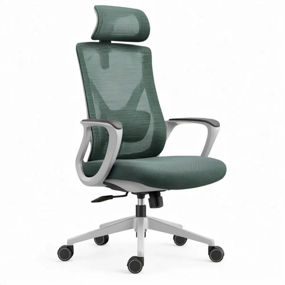 Ergonomische bureaustoel met hoofdsteun, wielen en armleuningen, Groen/Grijs/Zwart, 65 x 65 x 112-122 cm