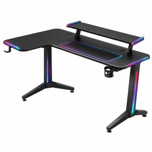 L-vormig gamingbureau met RGB-ledverlichting en monitorplatform, zwart, 160 x 60 x 75 cm