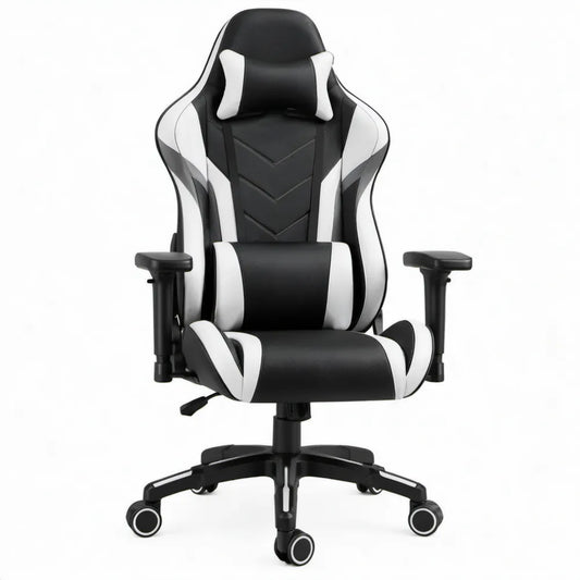 Gamingstoel met hoge rugleuning en kussens, 66 x 70 x 125-135 cm, Zwart/Wit