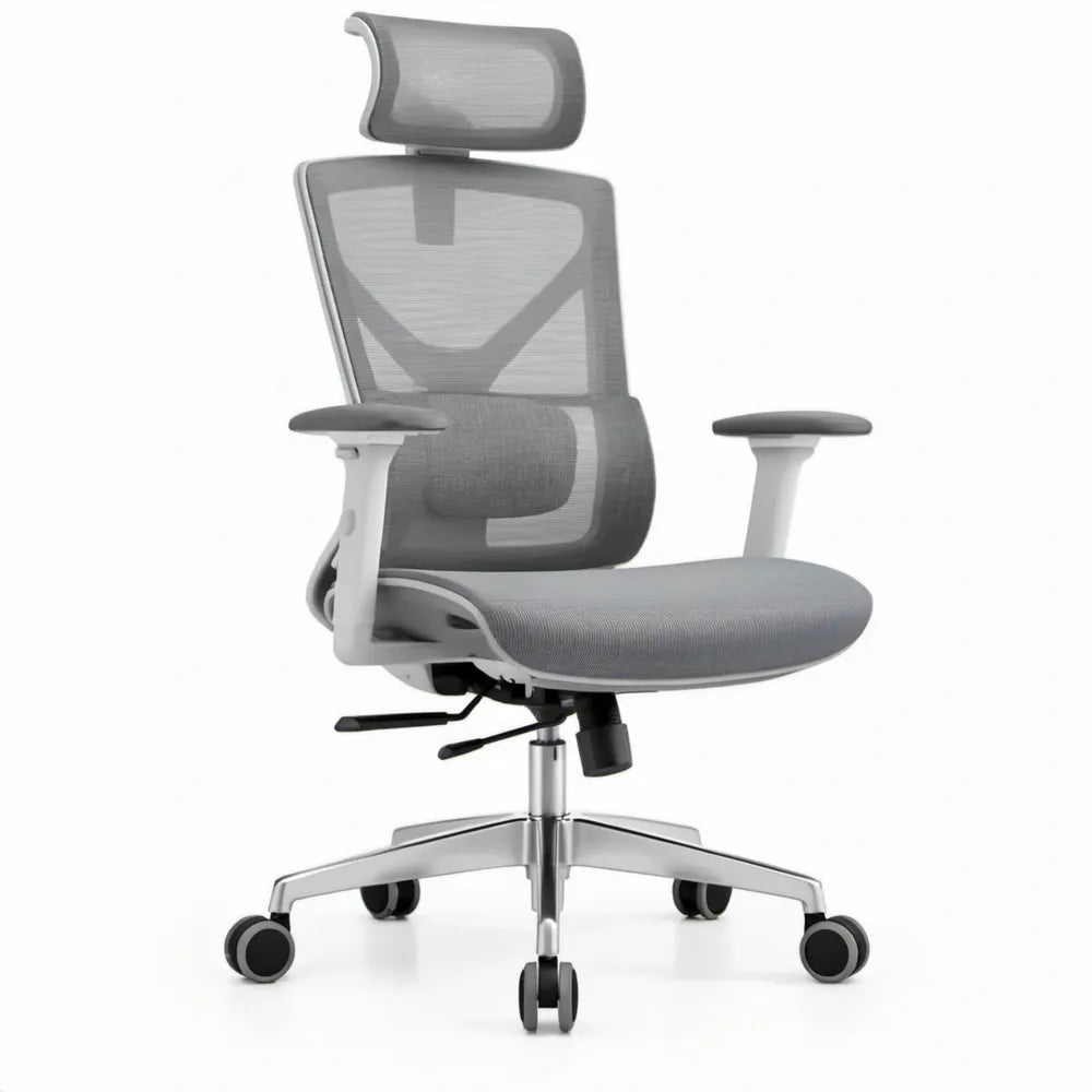 Ergonomische grijze mesh draaistoel met hoofdsteun, 65 x 65 x 116-126 cm