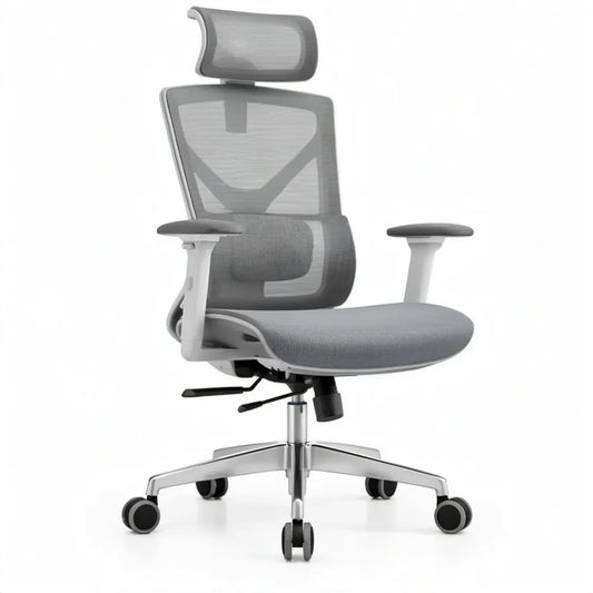 Ergonomische grijze mesh draaistoel met hoofdsteun, 65 x 65 x 116-126 cm
