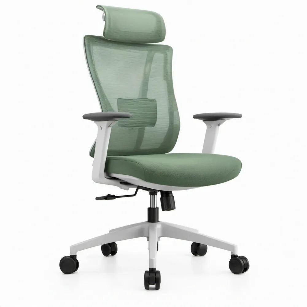 Ergonomische bureaustoel met hoofdsteun en verstelbare lendensteun, 66 x 66 x 118-128 cm, Groen/Wit/Zwart