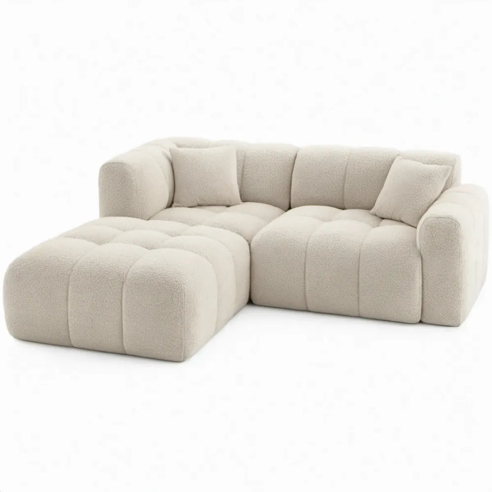 Crèmekleurige bouclé hoekbank met chaise longue links, 280 x 170 x 75 cm