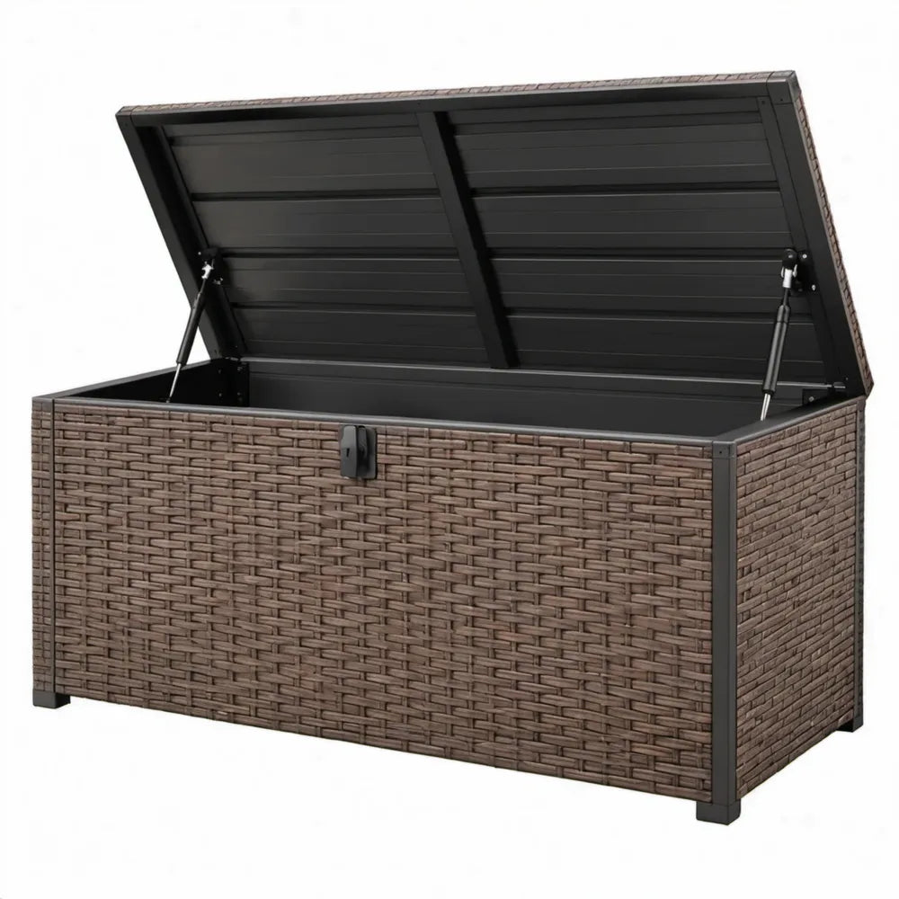 Tuinopbergbox 120 x 50 x 60 cm van bruin PE-rattan met zwart stalen frame
