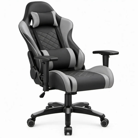 Zwart-grijze gamingstoel van PU-kunstleer met verstelbare rugleuning en voetensteun, 68 x 68 x 120-130 cm