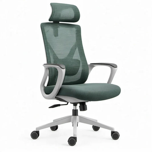 Ergonomische bureaustoel met hoofdsteun, wielen en armleuningen, Groen/Grijs/Zwart, 65 x 65 x 112-122 cm