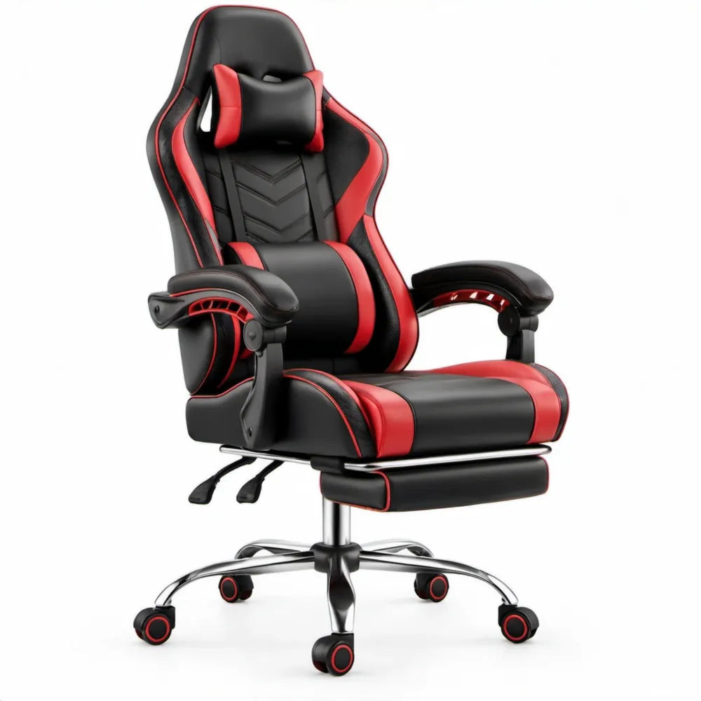 Gamingstoel met hoge rugleuning, voetensteun en kussens 65 x 69 x 122-132 cm Zwart/Rood/Zilver