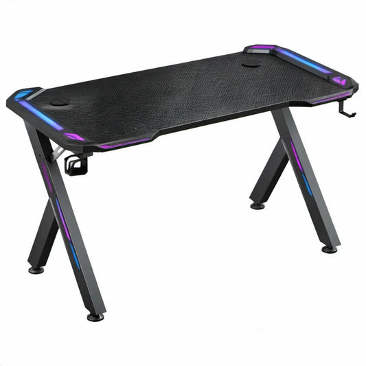 Gamingbureau 120 x 60 x 75 cm met RGB-ledverlichting, kabeldoorvoeren en zijhaak - Zwart/Paars/Blauw