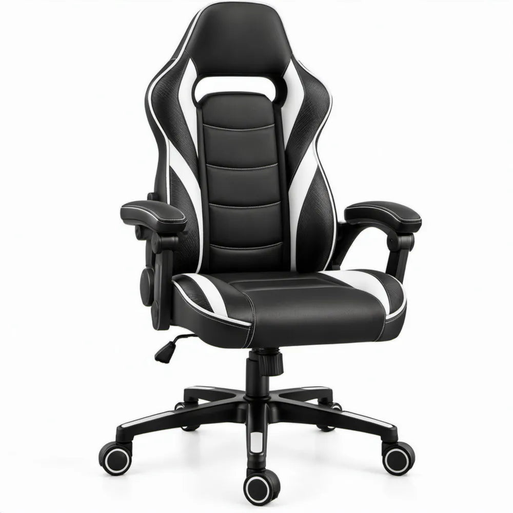 Gamingstoel met hoge rugleuning, verstelbare zithoogte en kantelmechanisme, zwart/wit, 65 x 65 x 111-121 cm