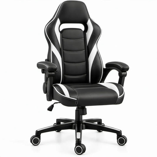 Gamingstoel met hoge rugleuning, verstelbare zithoogte en kantelmechanisme, zwart/wit, 65 x 65 x 111-121 cm