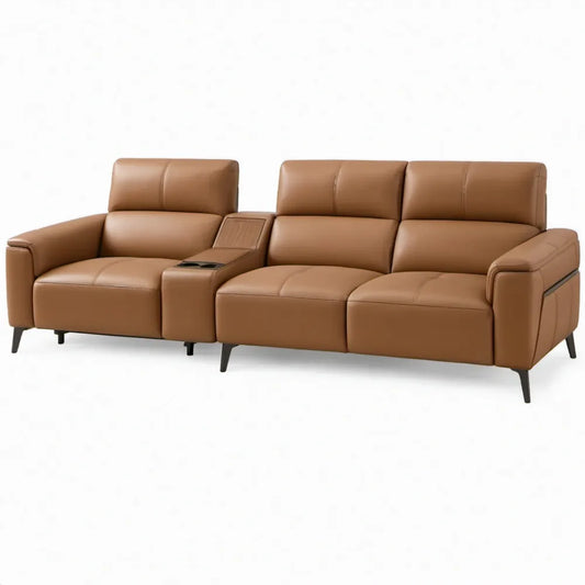 3-zitsbank van cognacbruin PU-kunstleer met middenconsole en bekerhouders, 270 x 96 x 102 cm