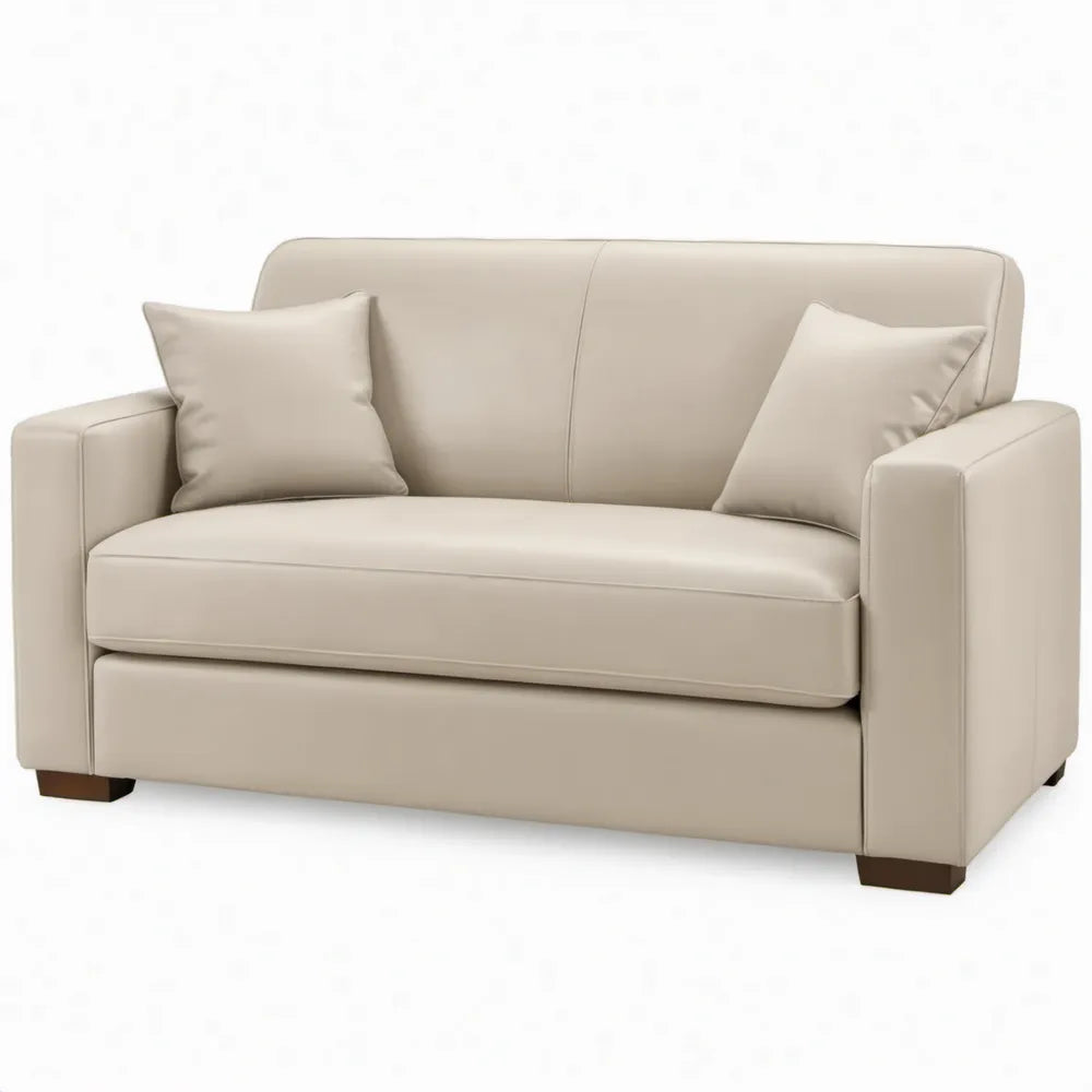 Beige tweezitsbank van PU-kunstleer met donkerbruine poten, 150 x 90 x 85 cm