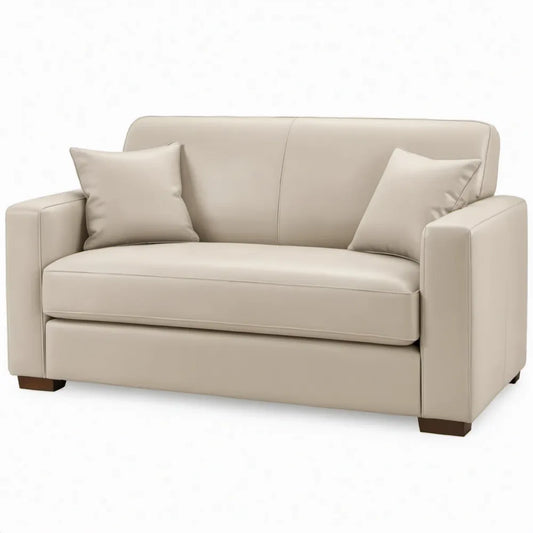Beige tweezitsbank van PU-kunstleer met donkerbruine poten, 150 x 90 x 85 cm