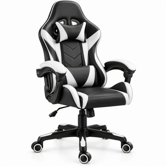 Verstelbare gamingstoel met hoofdsteunkussen, zwart/wit, 65 x 65 x 118-128 cm