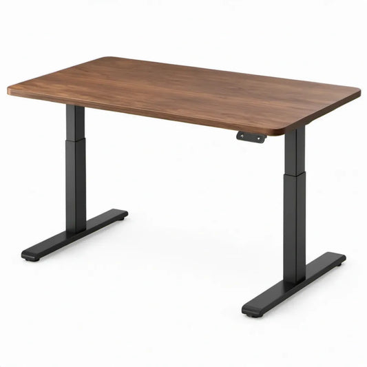 In hoogte verstelbaar bureau 120 x 60 cm, walnootbruin met zwart stalen T-onderstel