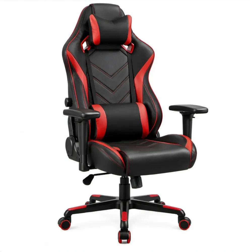 Verstelbare gamingstoel met hoge rugleuning, hoofdsteun en lendenkussen – Zwart/Rood, 65 x 65 x 118-128 cm