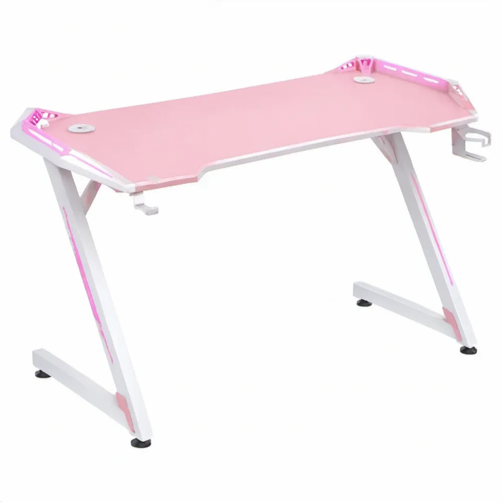 Gamingbureau 120 x 60 x 75 cm met kabeldoorvoeren en ophanghaken - Roze/Wit