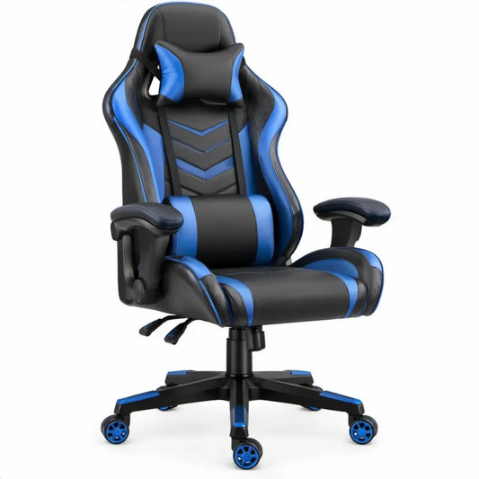 Gamingstoel met hoofdsteun en lendenkussen, zwart/blauw, 65 x 65 x 120-130 cm